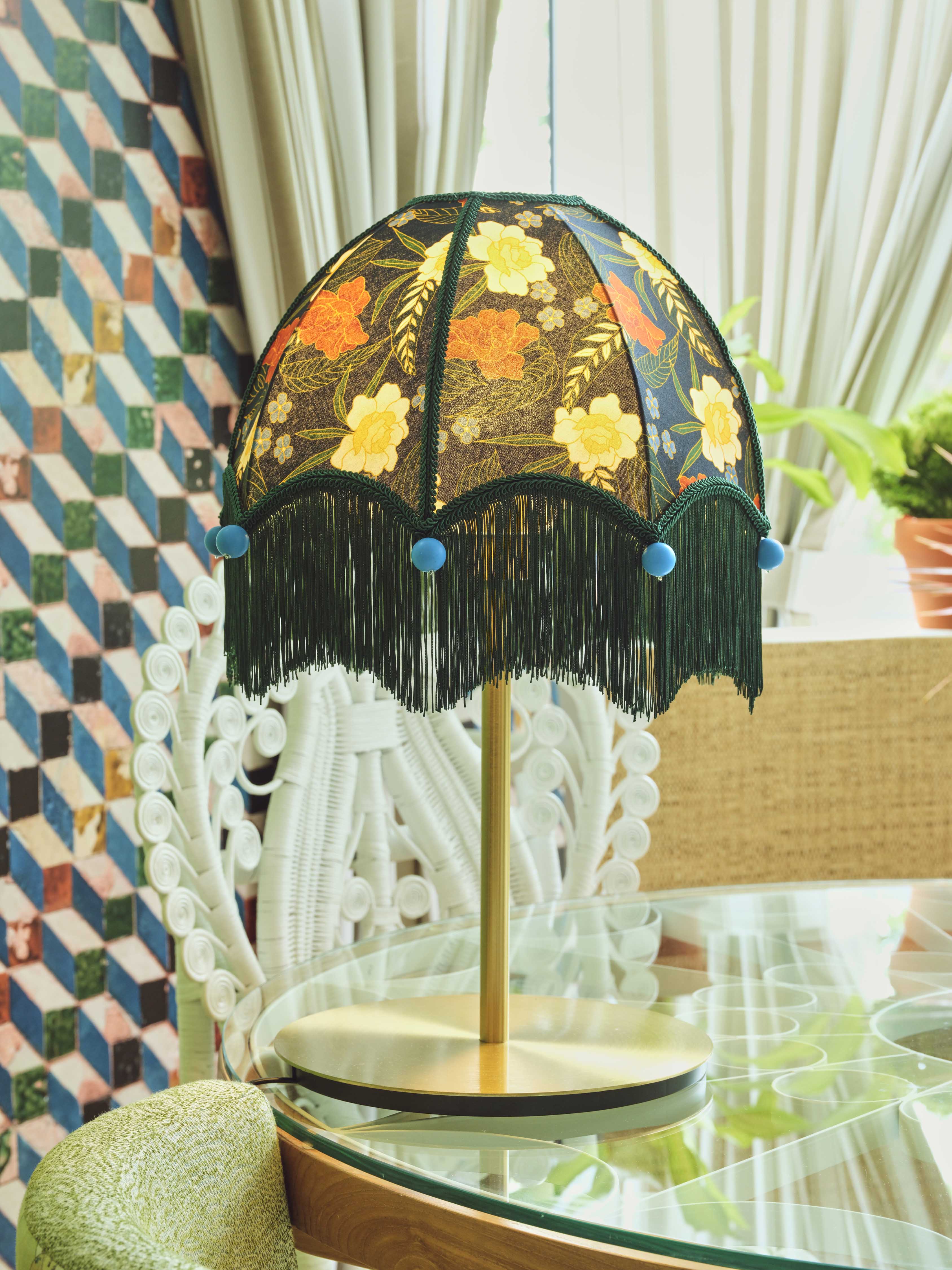 Blue Batik Lampshade (Green Fringe)