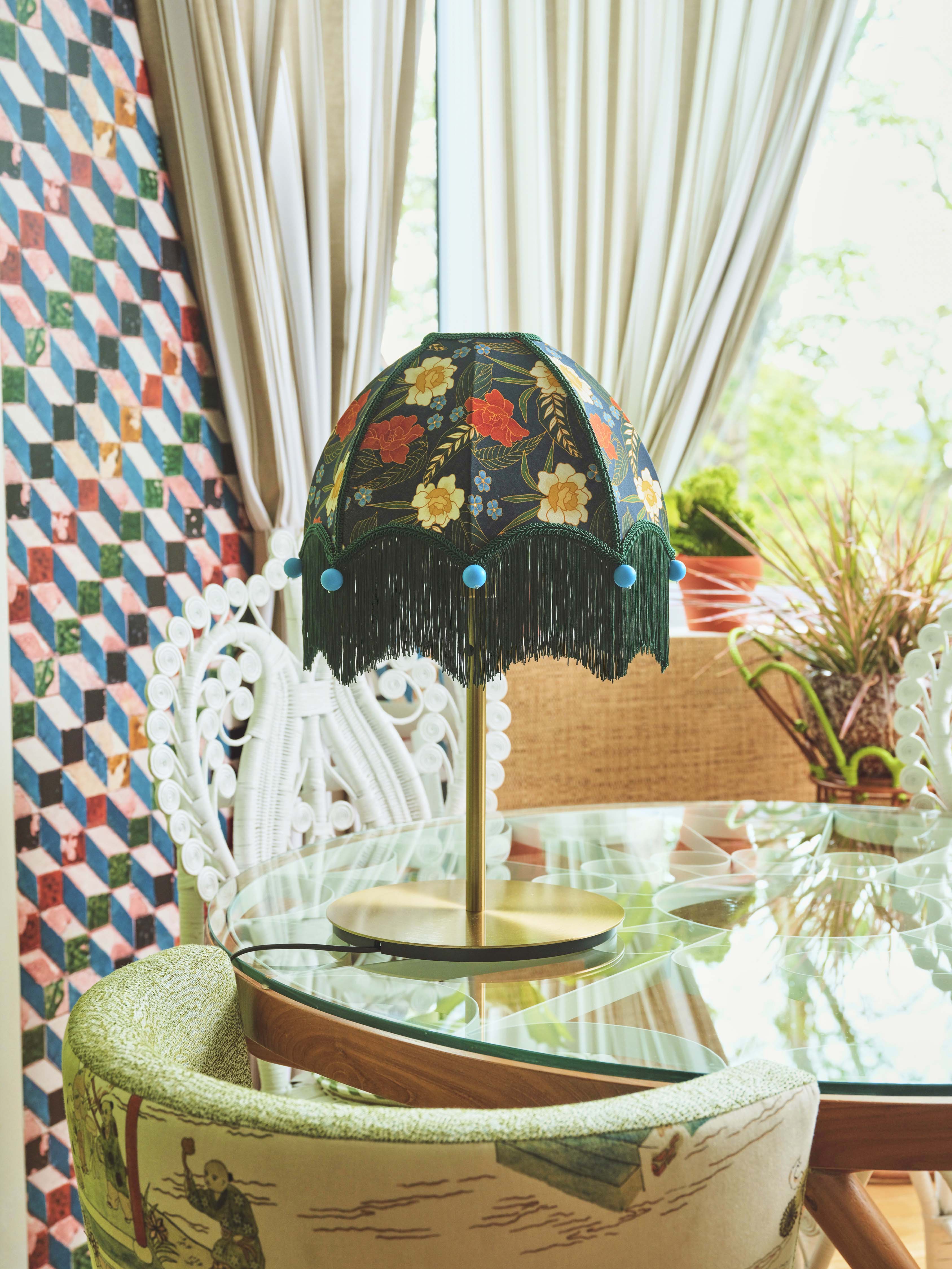 Blue Batik Lampshade (Green Fringe)