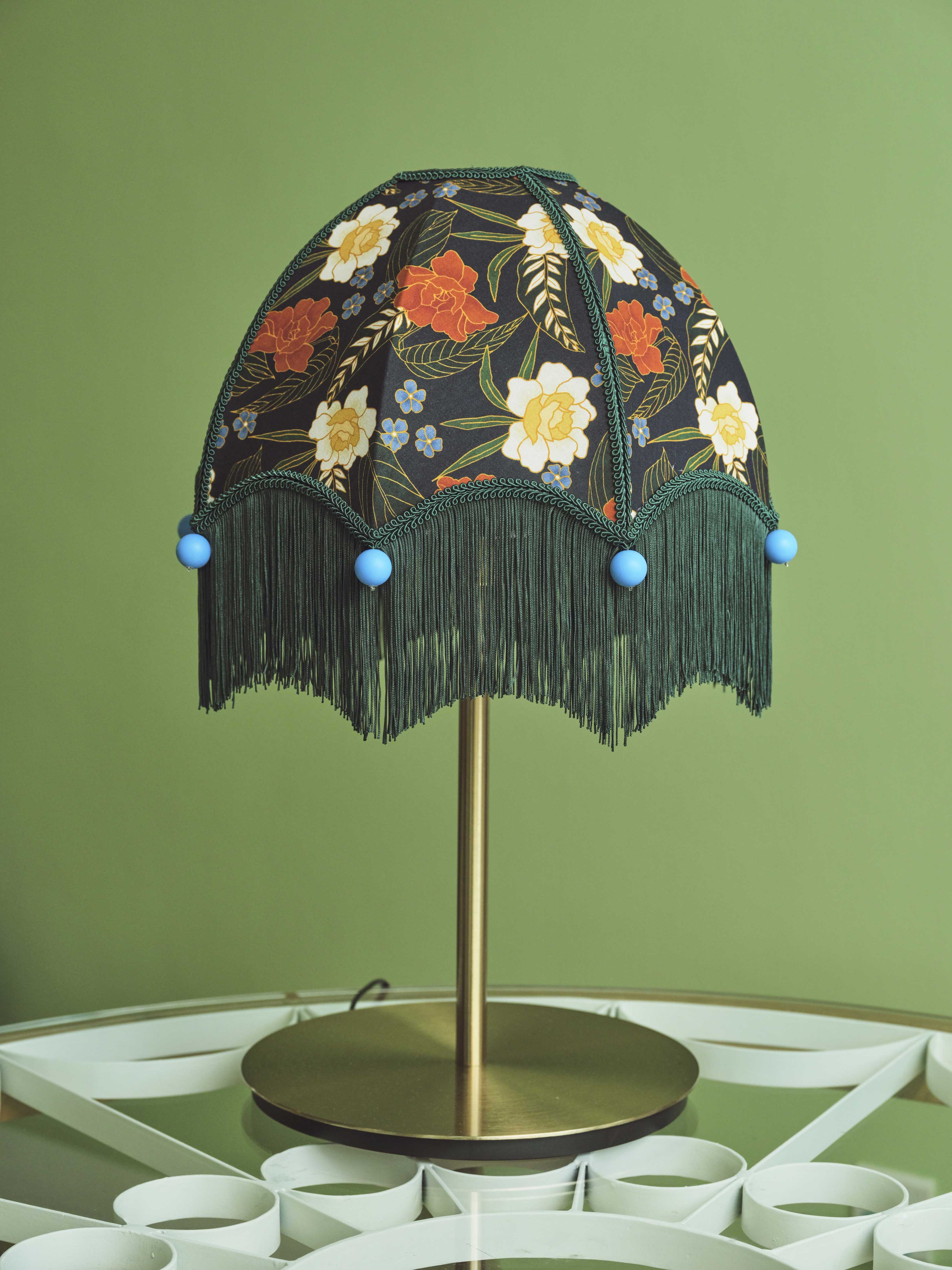 Blue Batik Lampshade (Green Fringe)