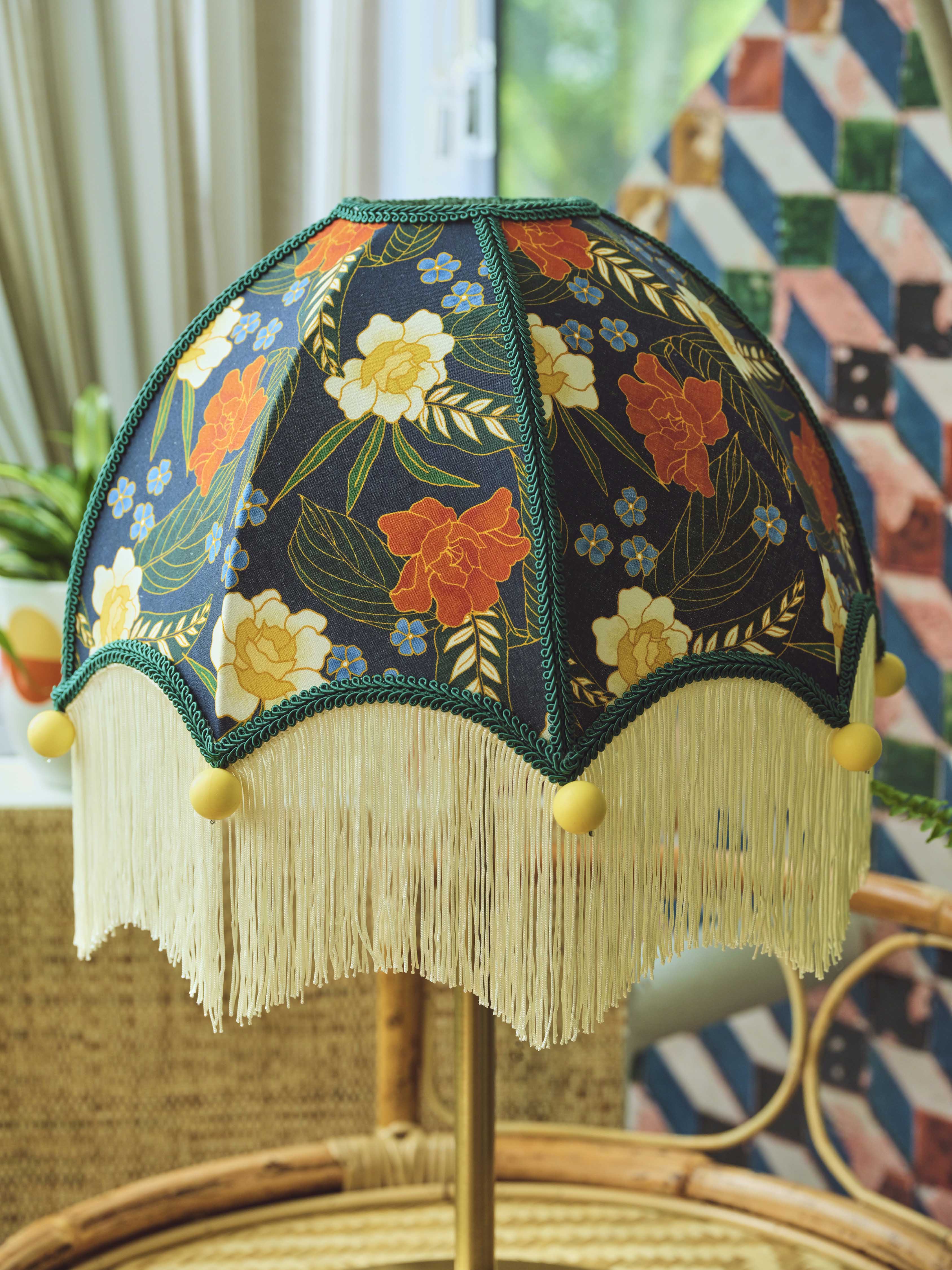 Blue Batik Lampshade (Cream Fringe)